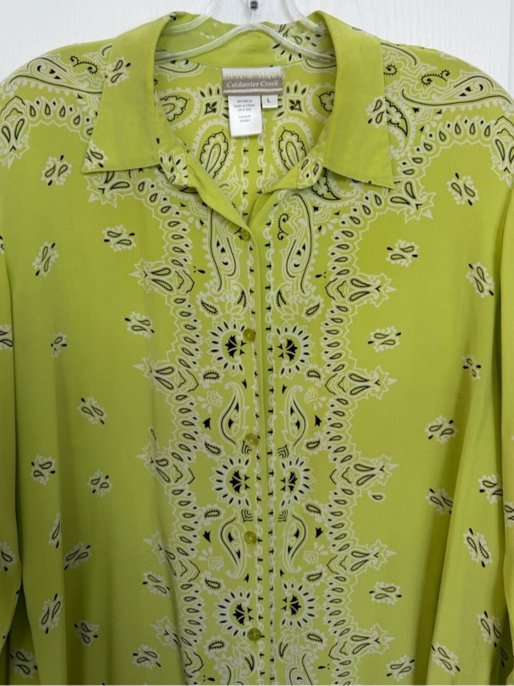 Vintage Silk Western Bandana Paisley Shirt Size Large Lime Green 90s Y2K - Picture 3 of 6